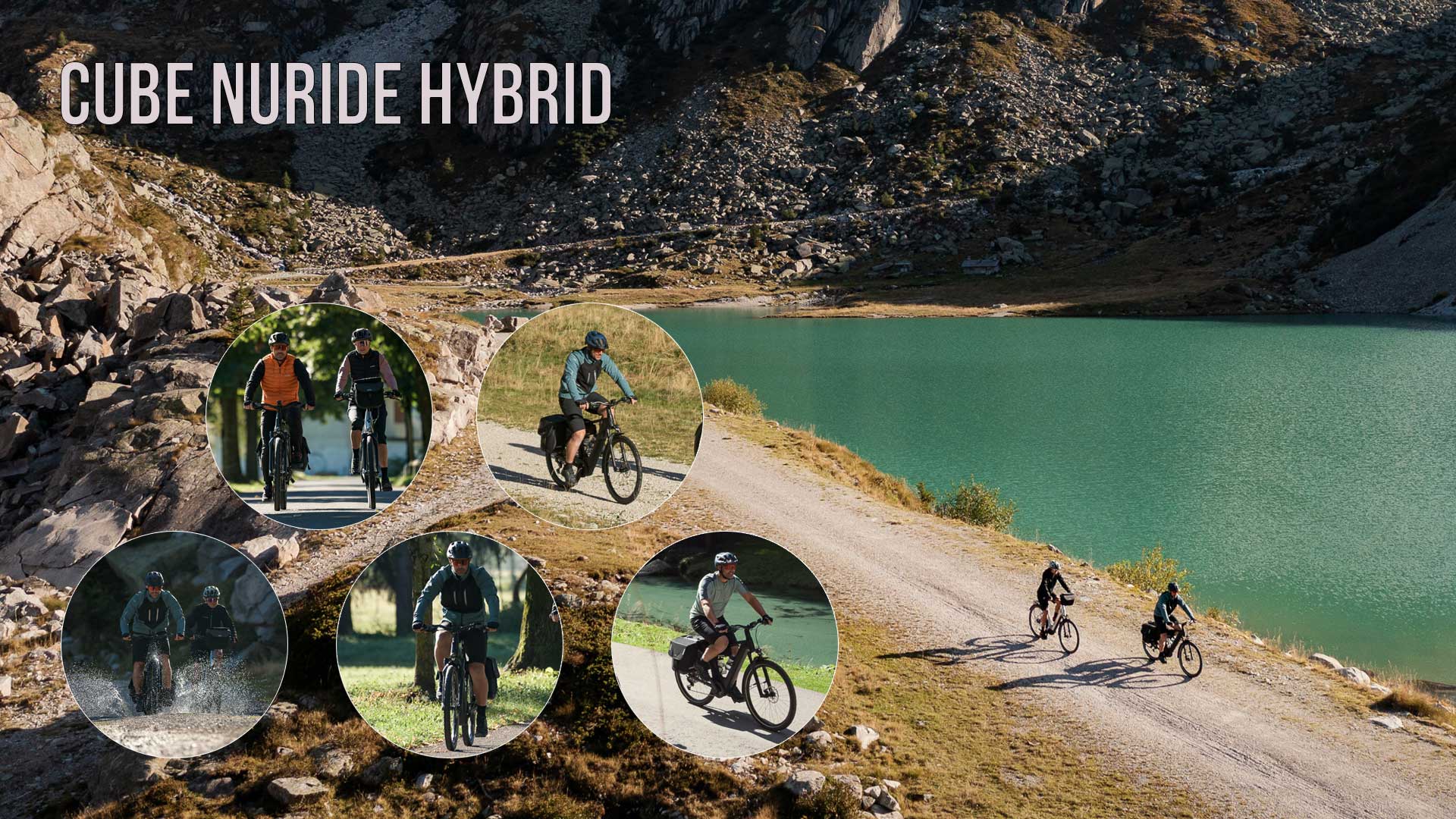 The image shows a collage entitled Cube Nuride Hybrid, featuring several pictures of cyclists riding the Cube Nuride Hybrid in different settings.