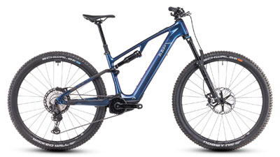 The image shows a dark blue Cube AMS Hybrid bicycle.