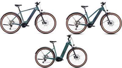 On display are three green Cube Nuride Hybrid e-bikes, each with a diamond frame, a trapezoidal frame, and a low step-through frame.