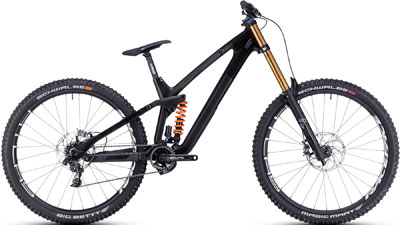 Cube TWO15 HPC SLT 29-inch mountain bike in black with gold shock absorber.