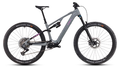 The image shows a gray Cube AMS Hybrid bicycle with colorful details.