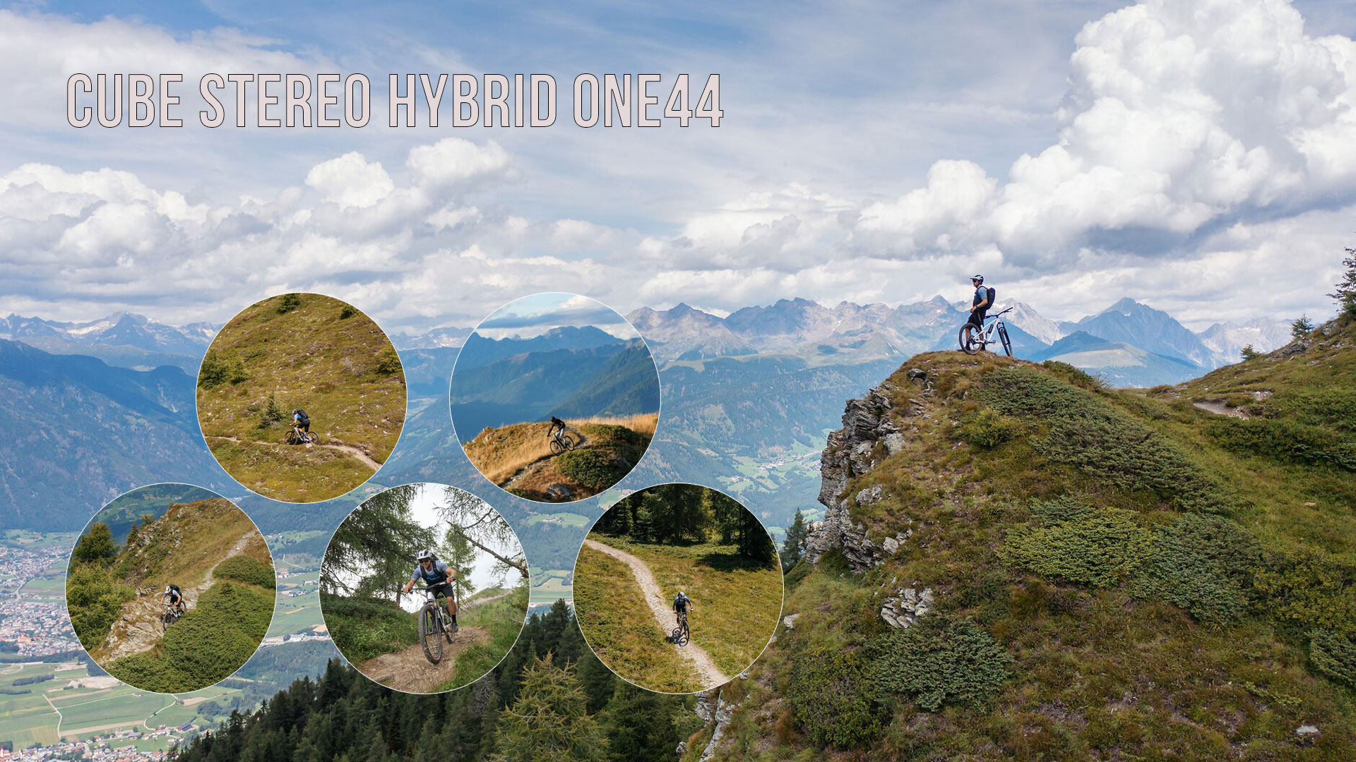 The image shows a collage entitled Cube Stereo Hybrid ONE44, depicting several cyclists riding through mountainous countryside.