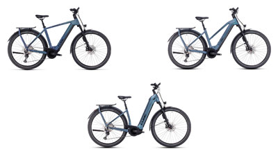 On display are three blue Cube Kathmandu hybrid e-bikes, each with a diamond frame, a trapezoidal frame, and a low step-through frame.