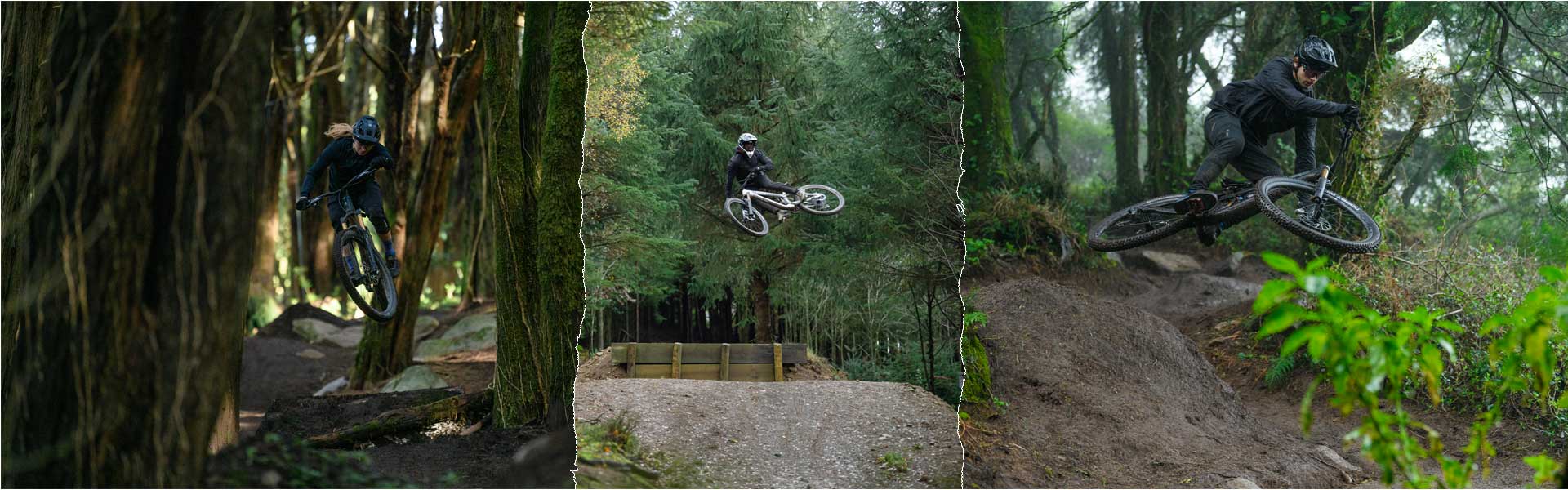 Banner with torn transitions. On the left, a woman jumps in the forest on a Cube Stereo Fully mountain bike. In the middle, a cyclist wearing a full-face helmet performs a high jump. On the right, another jump with a Cube Stereo Fully mountain bike.