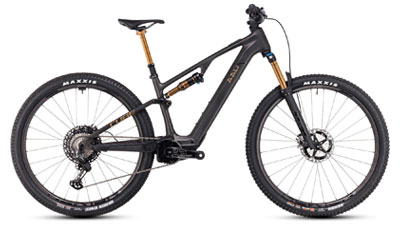 The image shows a black Cube AMS Hybrid bicycle with gold shock absorbers.