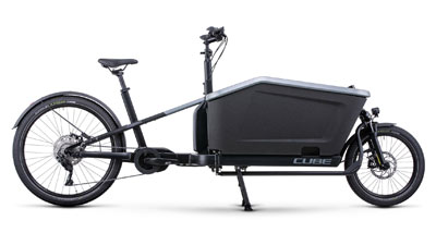 The image shows a gray Cube Cargo Hybrid 500 cargo bike.
