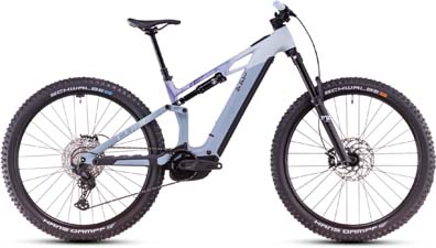 The image shows a gray Cube Stereo Hybrid ONE44 EXC e-bike with blue details.