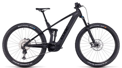 The image shows a black Cube Stereo Hybrid 140 HPC SLX e-bike.