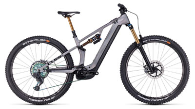 The image shows a gray Cube Stereo Hybrid ONE44 HPC SLX e-bike with gold shock absorbers.