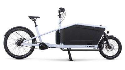 The image shows a white Cube Cargo Hybrid 500 cargo bike.