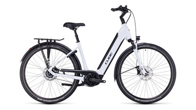 The image shows a white Cube Supreme Hybrid EXC e-bike with a low step-through frame.